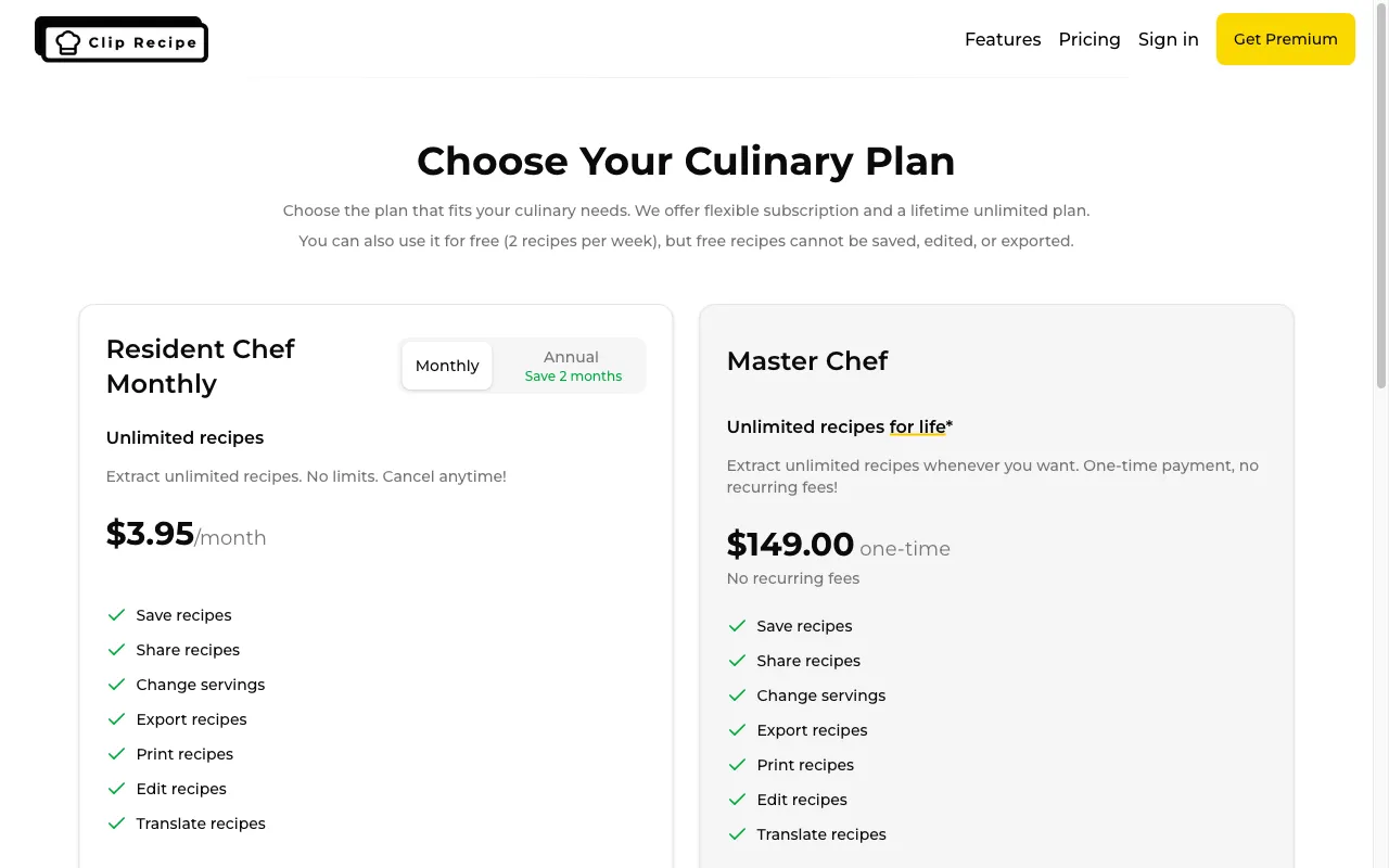 Clip Recipe — pricing page