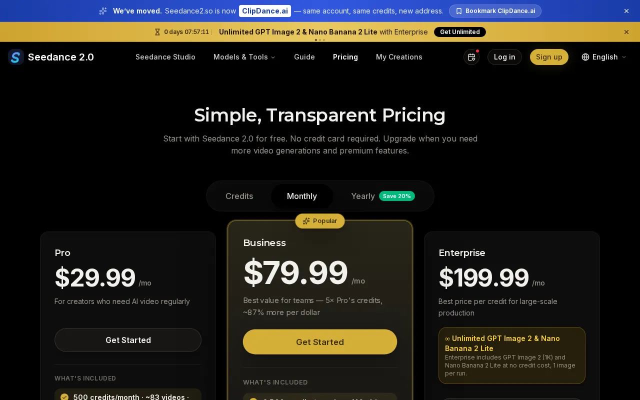 Clipdance AI — pricing page