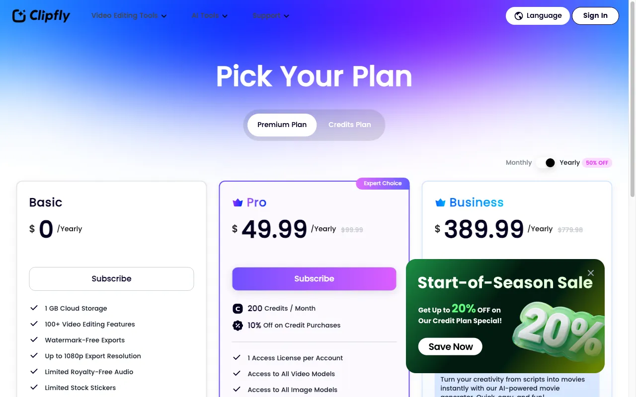 Clipfly — pricing page