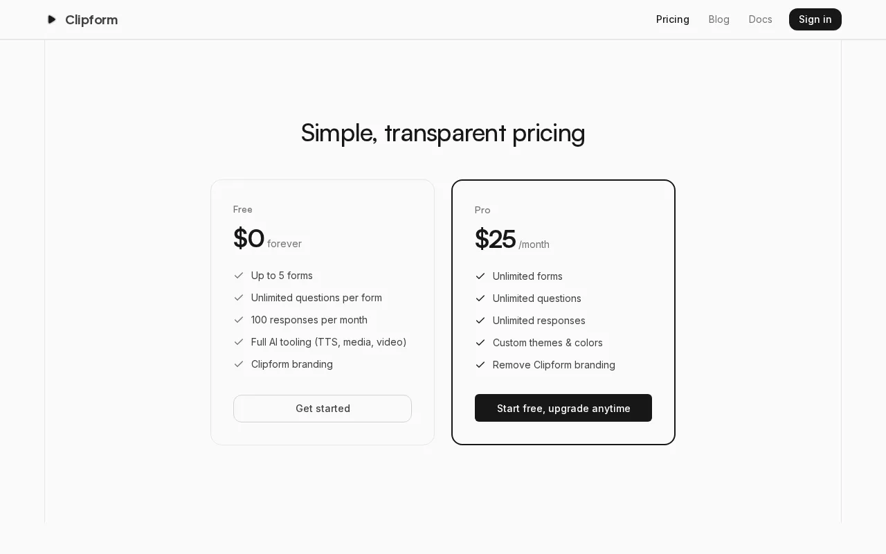 Clipform — pricing page
