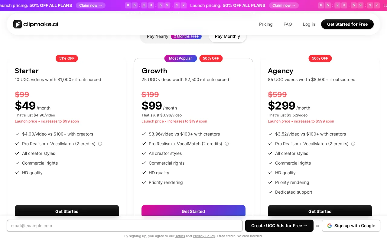 ClipMake.ai — pricing page