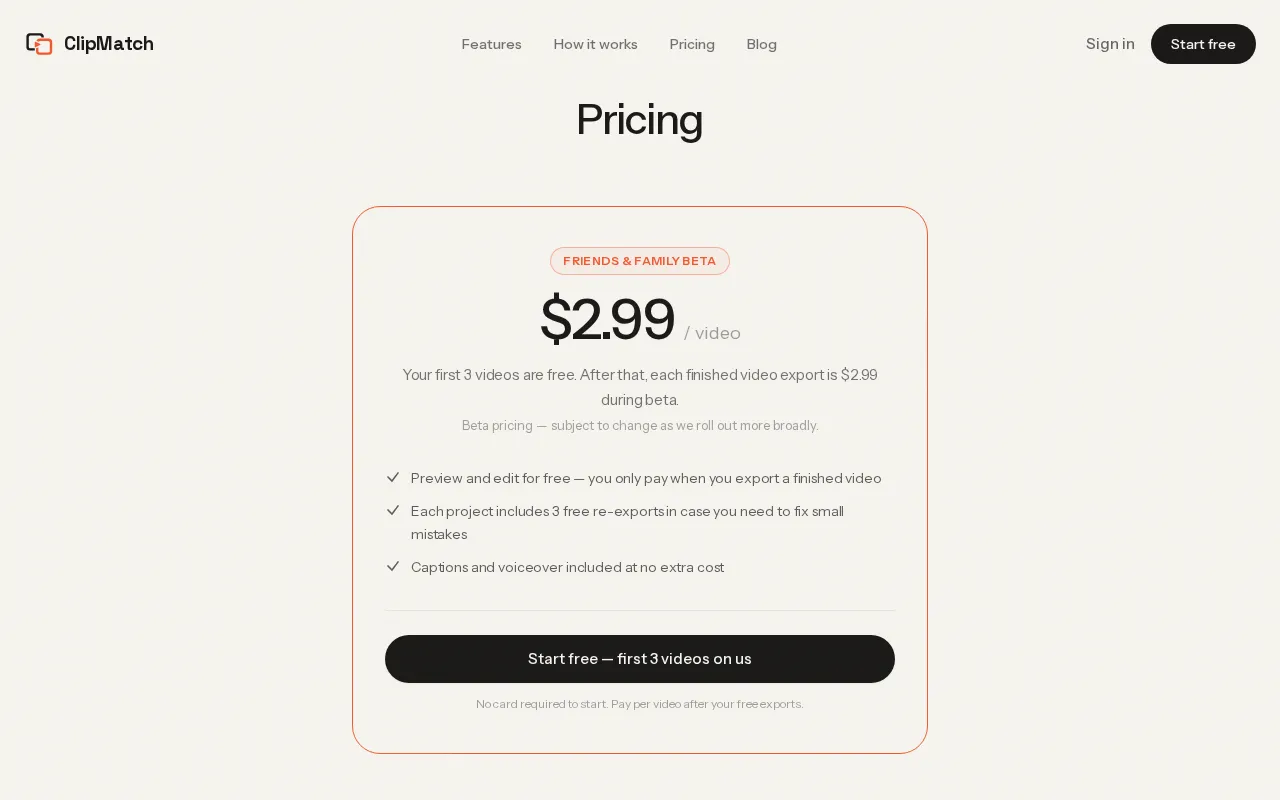 ClipMatch — pricing page
