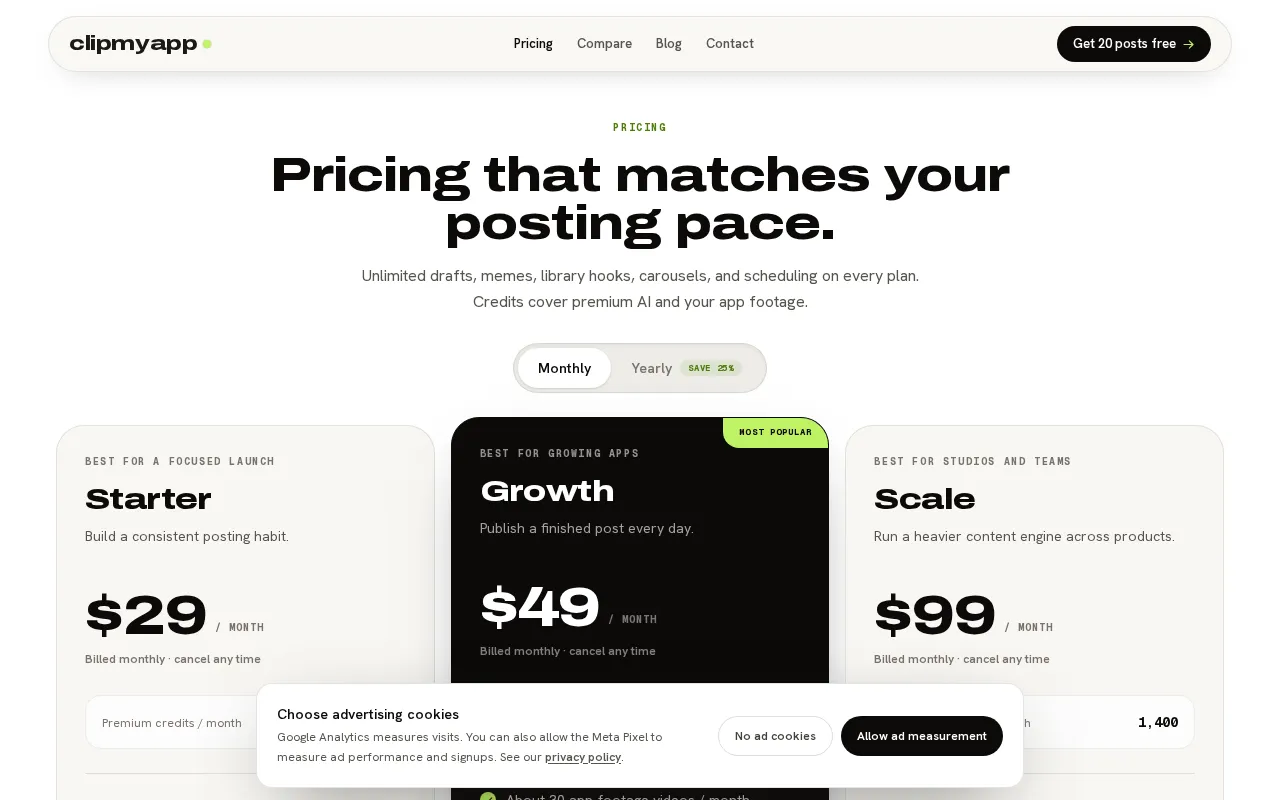 ClipMyApp — pricing page