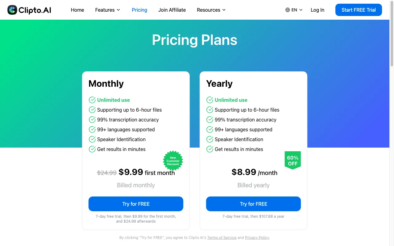 Clipto — pricing page