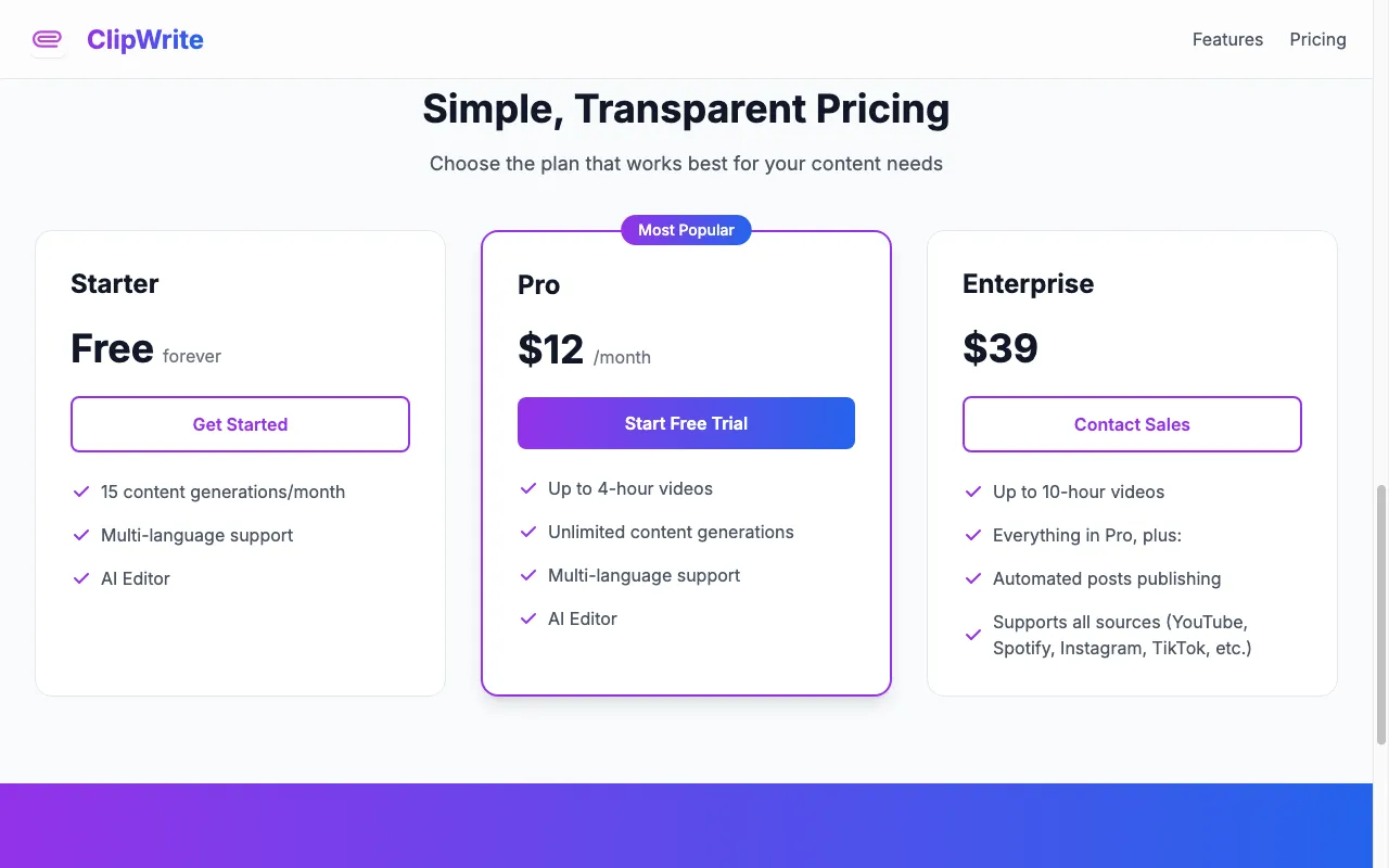 ClipWrite — pricing page