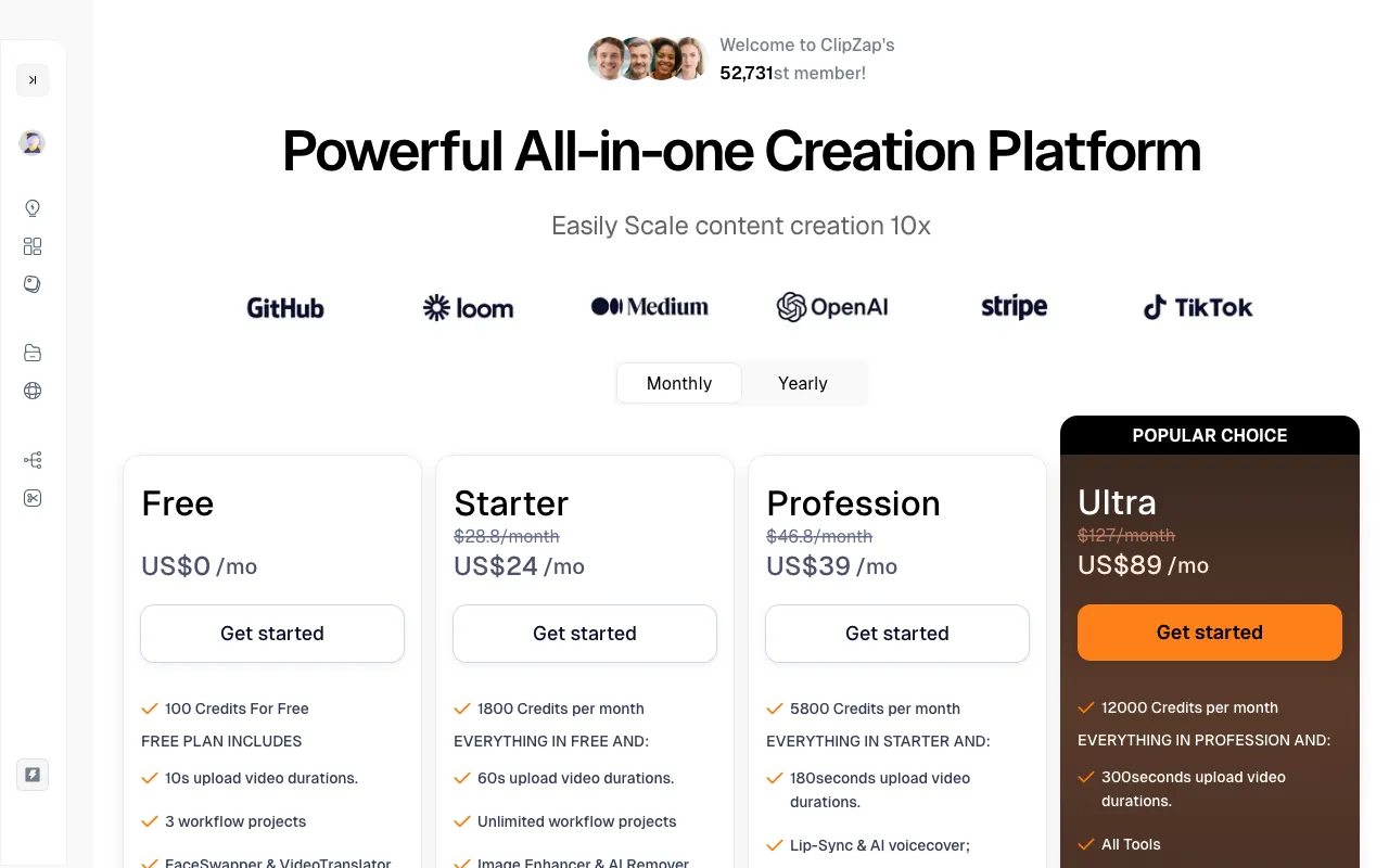 ClipZap AI — pricing page