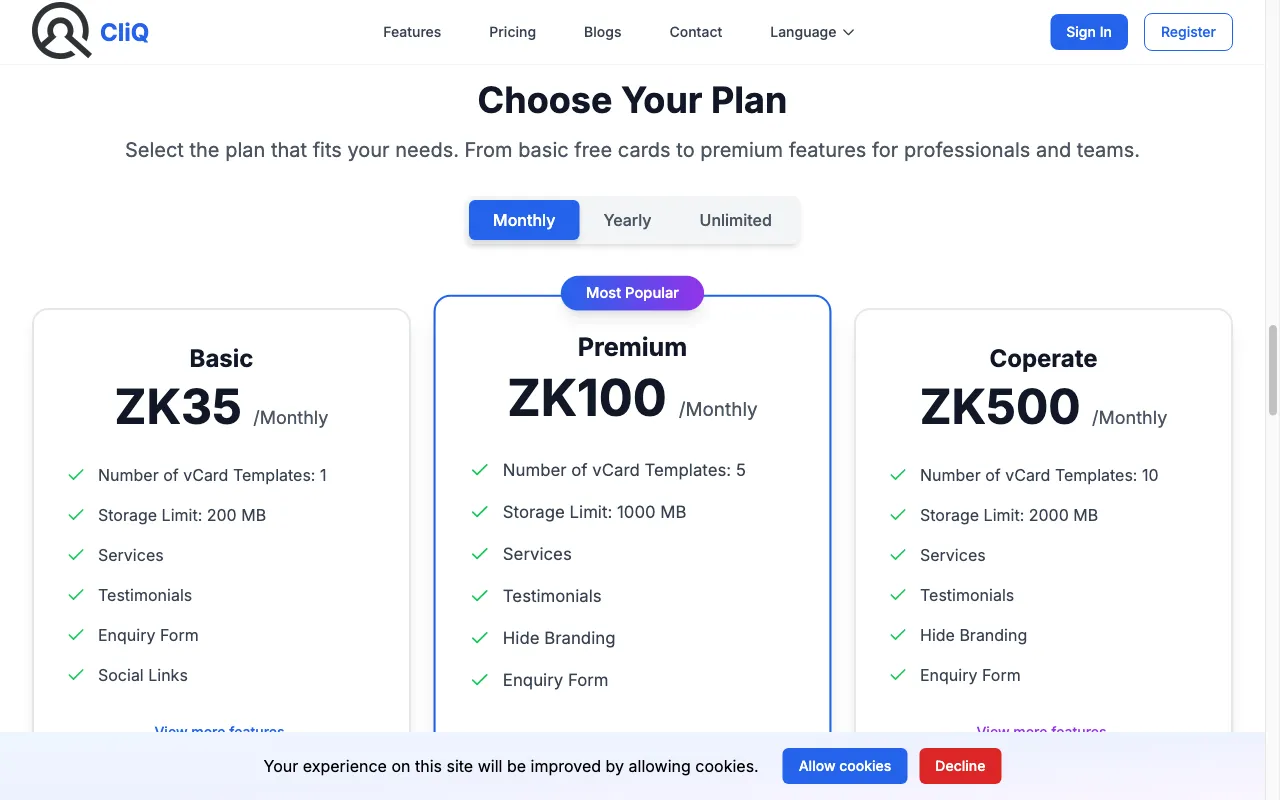 CliQ — pricing page