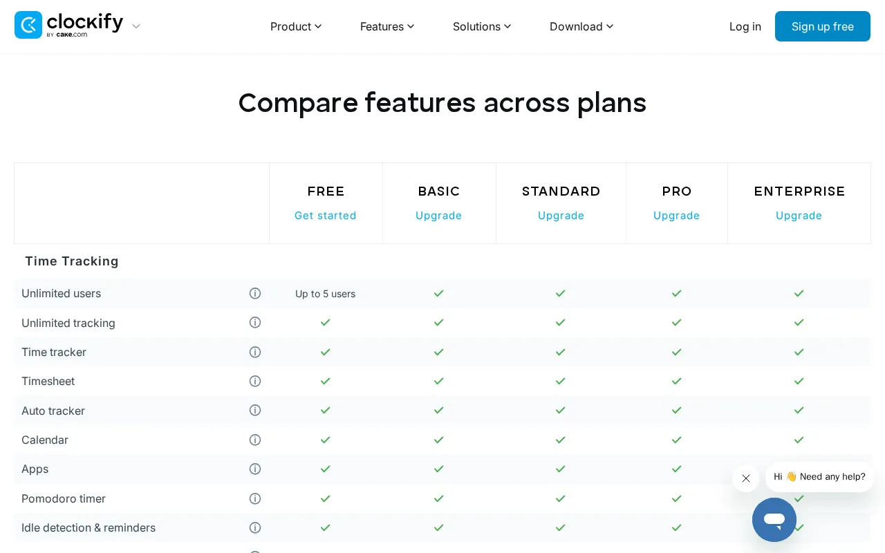 Clockify — pricing page
