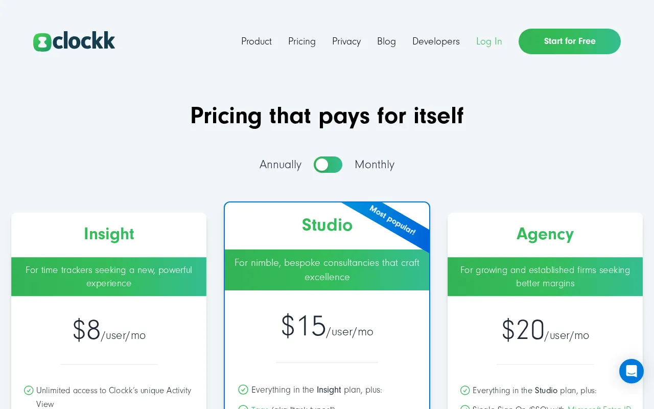 Clockk — pricing page