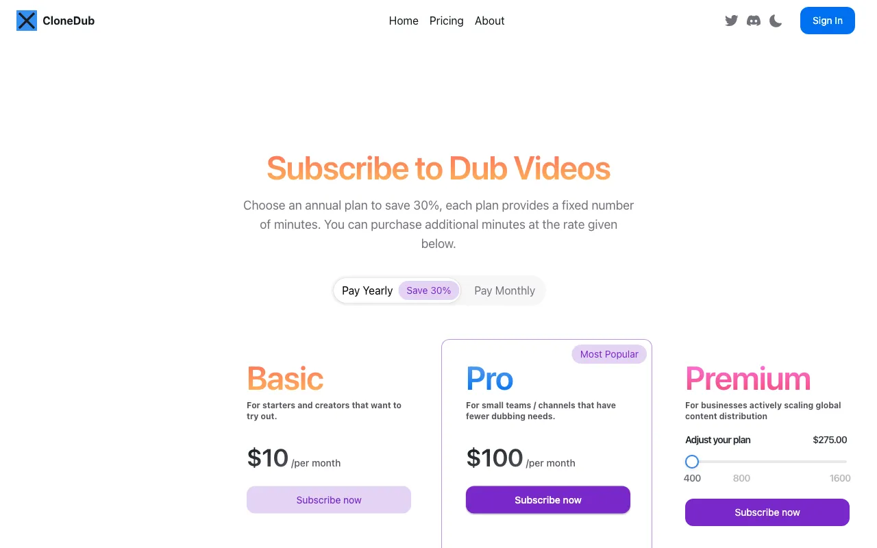 CloneDub — pricing page