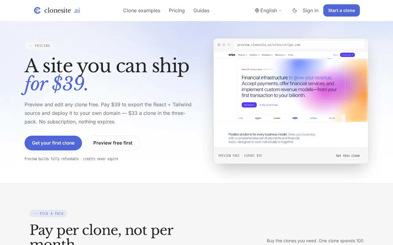 Clonesite AI — pricing page