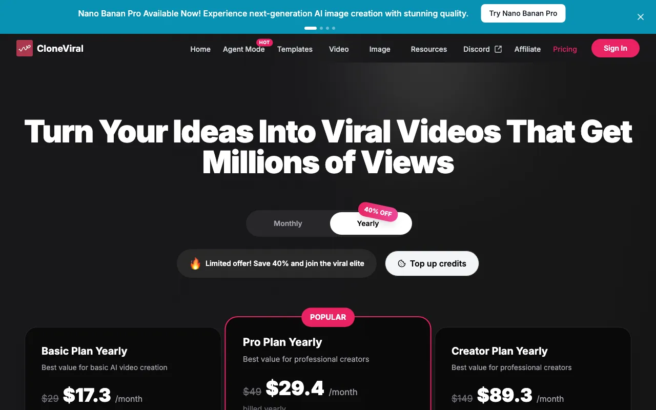 CloneViral — pricing page