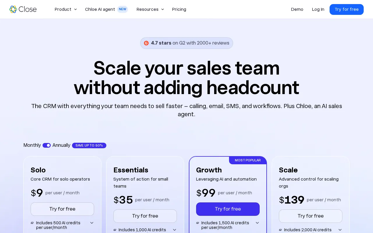 Close — pricing page