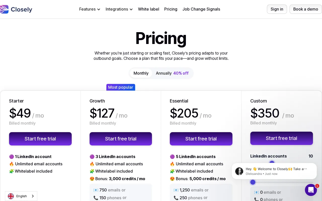 Closely — pricing page