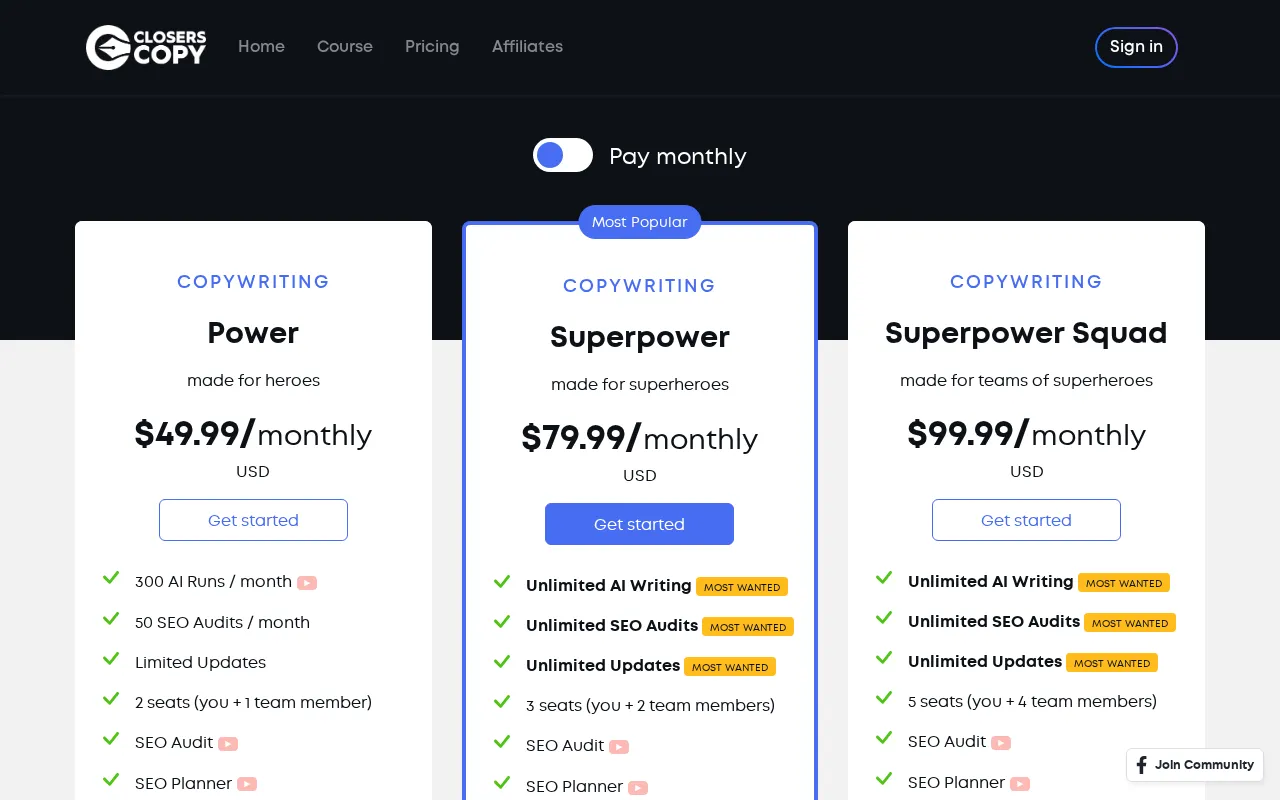 ClosersCopy — pricing page