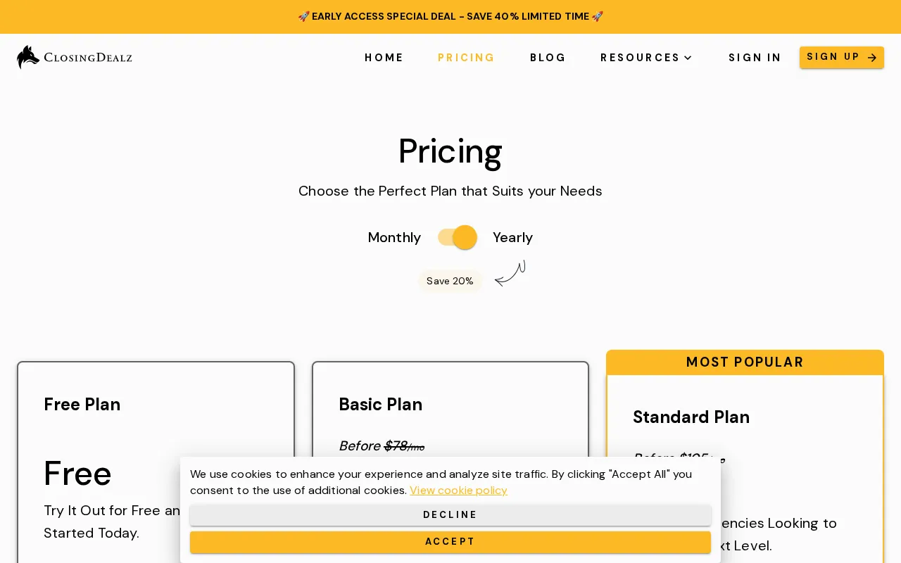 ClosingDealz — pricing page