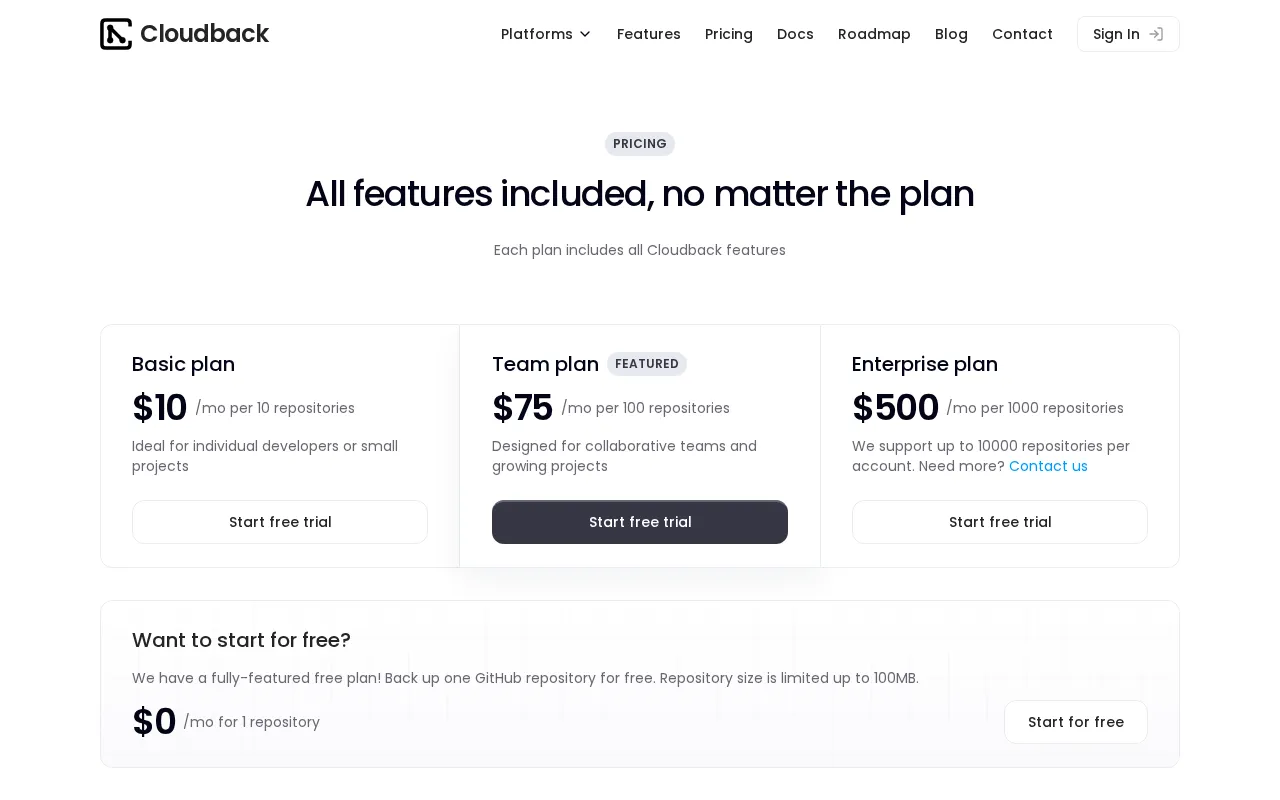 Cloudback — pricing page