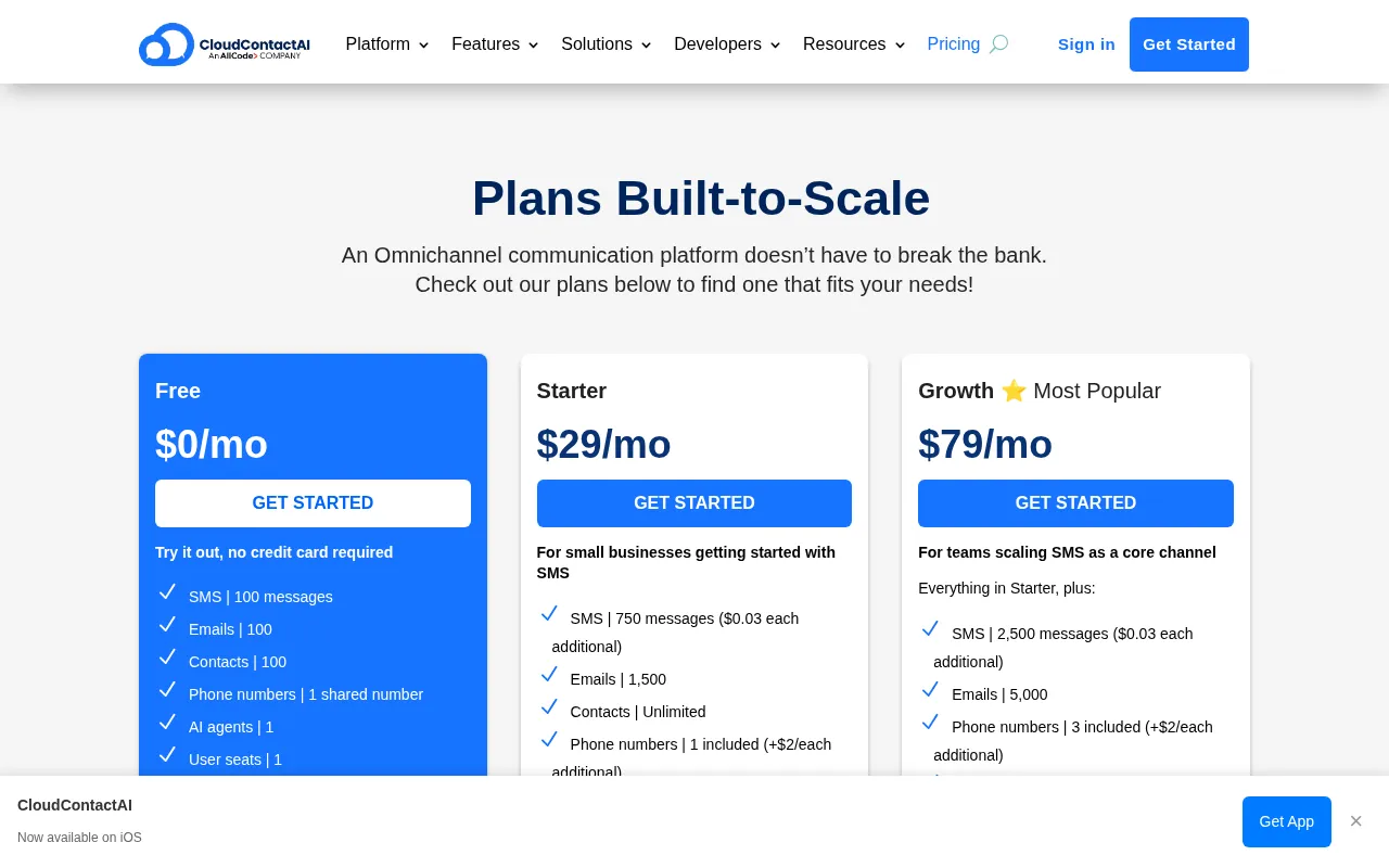 CloudContact AI — pricing page