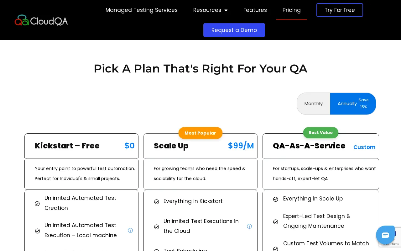 CloudQA — pricing page
