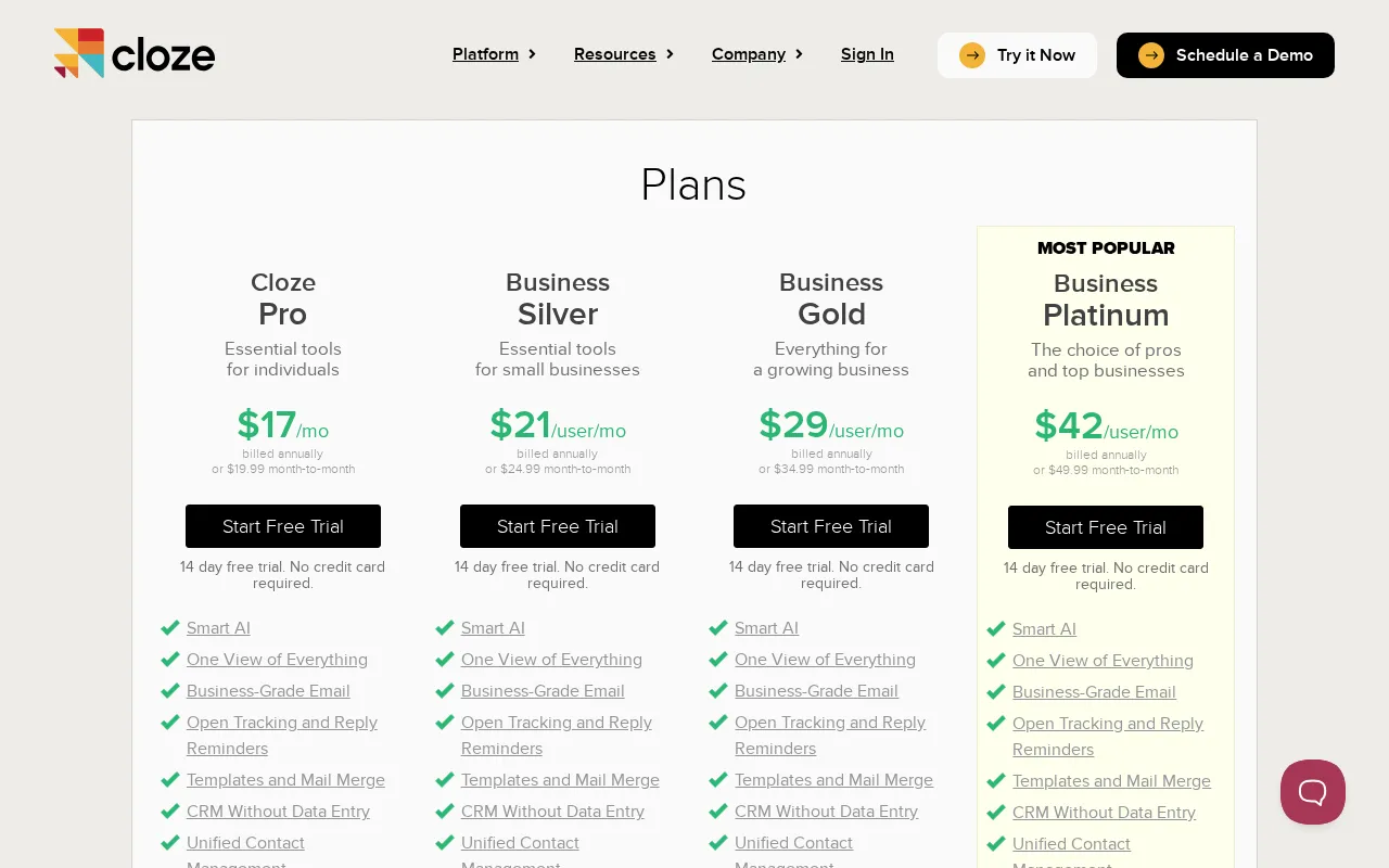 Cloze — pricing page