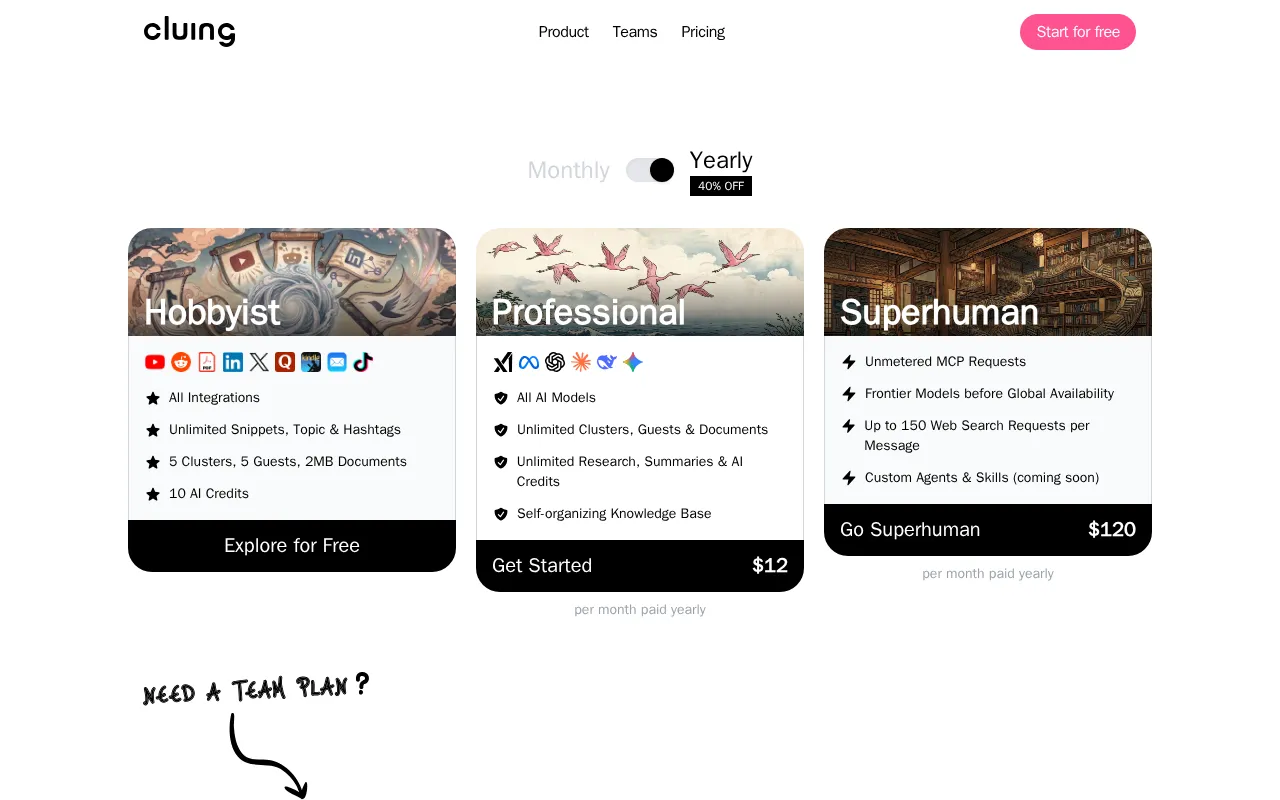 Cluing — pricing page