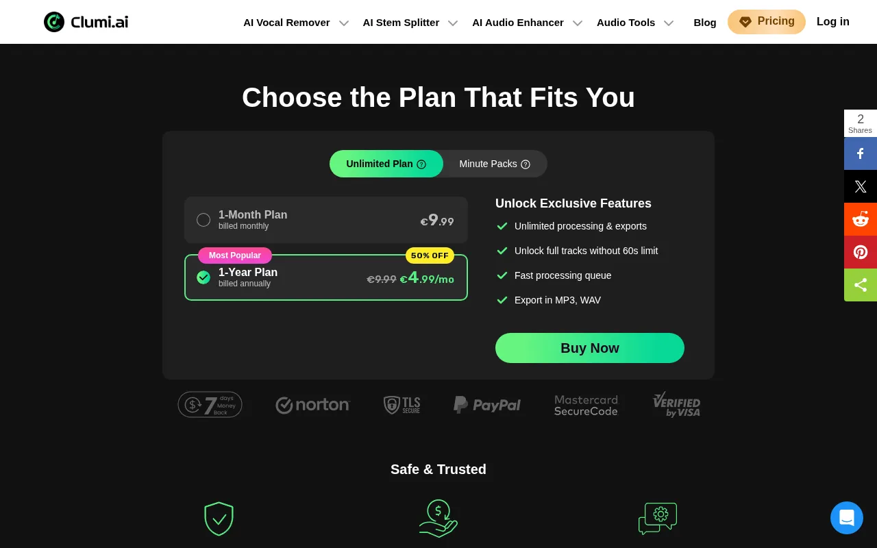 Clumi AI — pricing page
