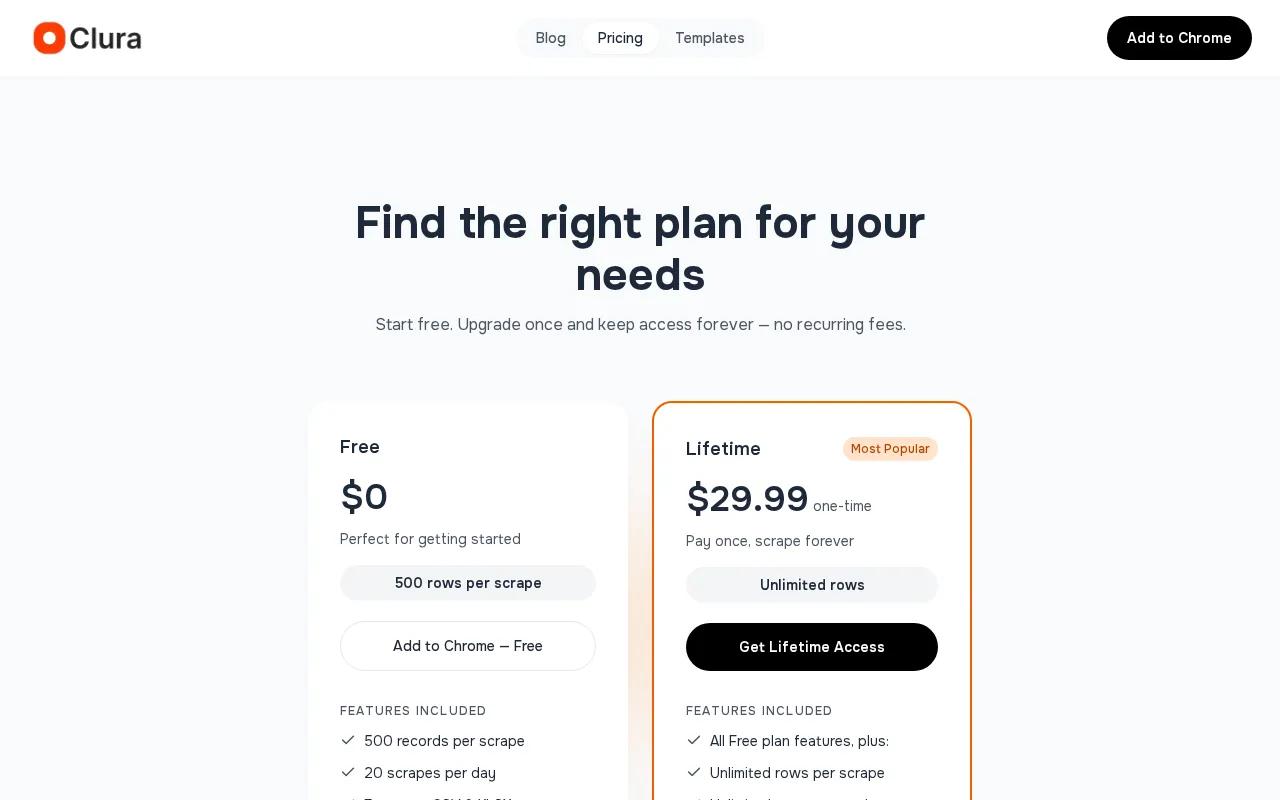 Clura — pricing page