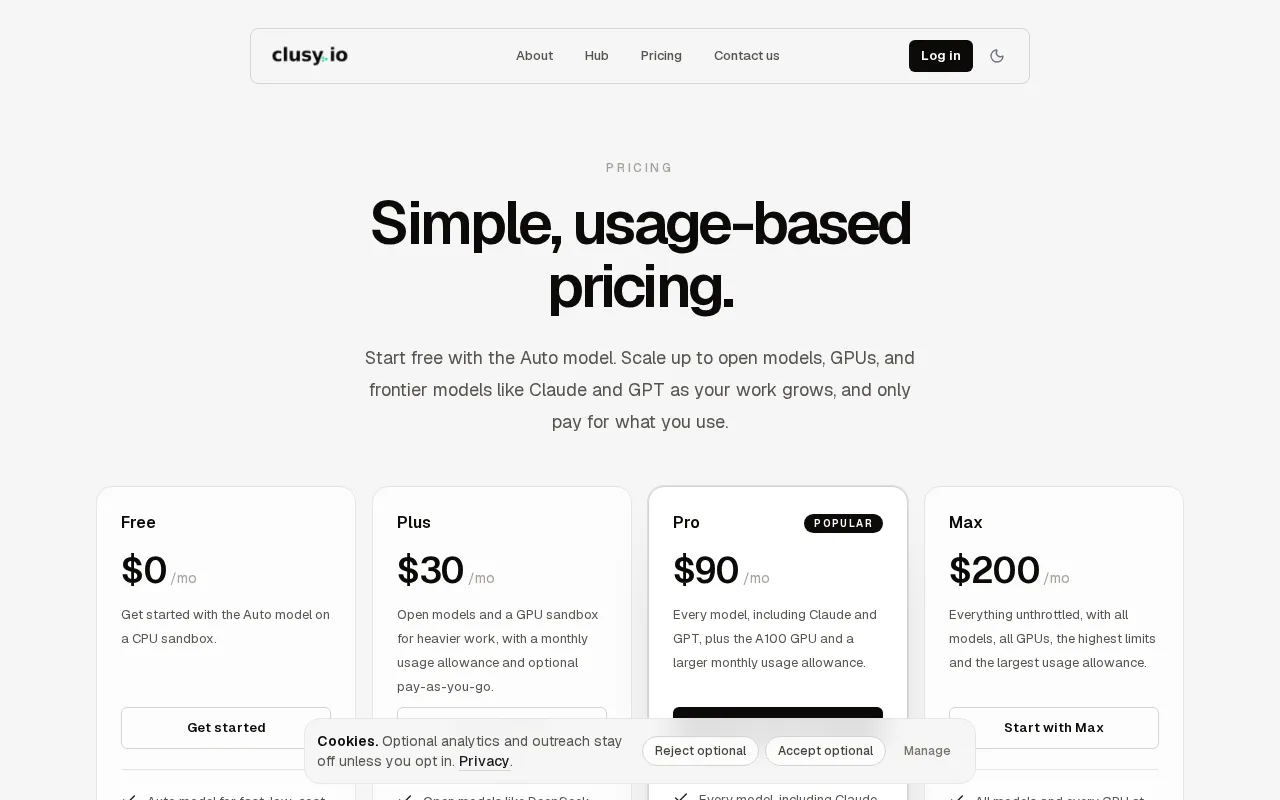 Clusy — pricing page