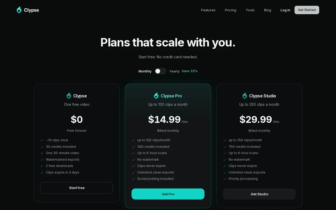 Clypse — pricing page