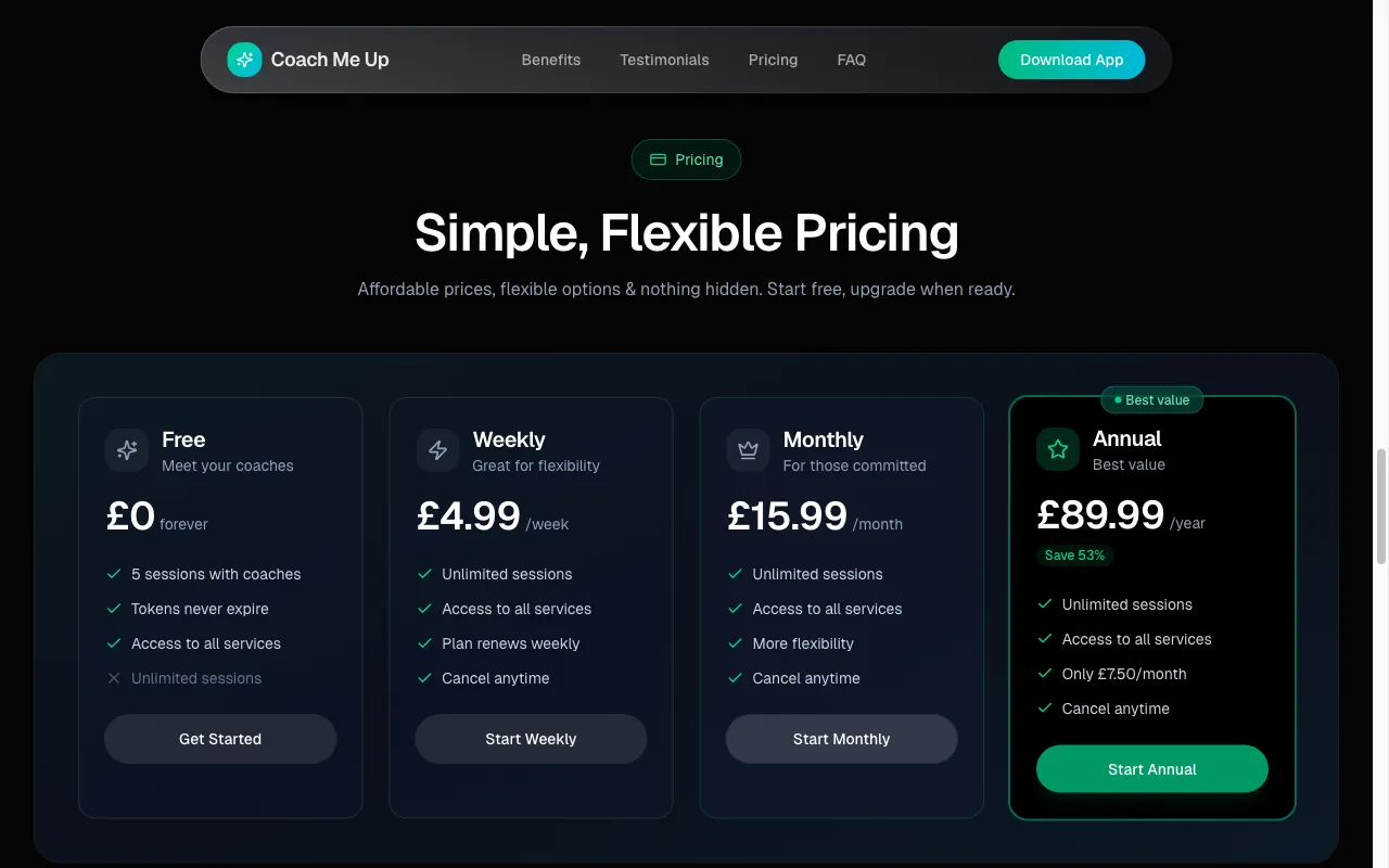 Coach Me Up! — pricing page