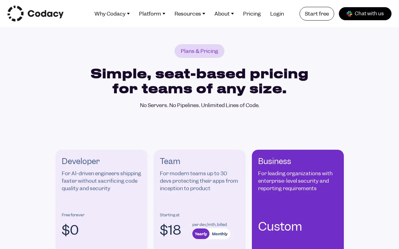 Codacy Quality — pricing page
