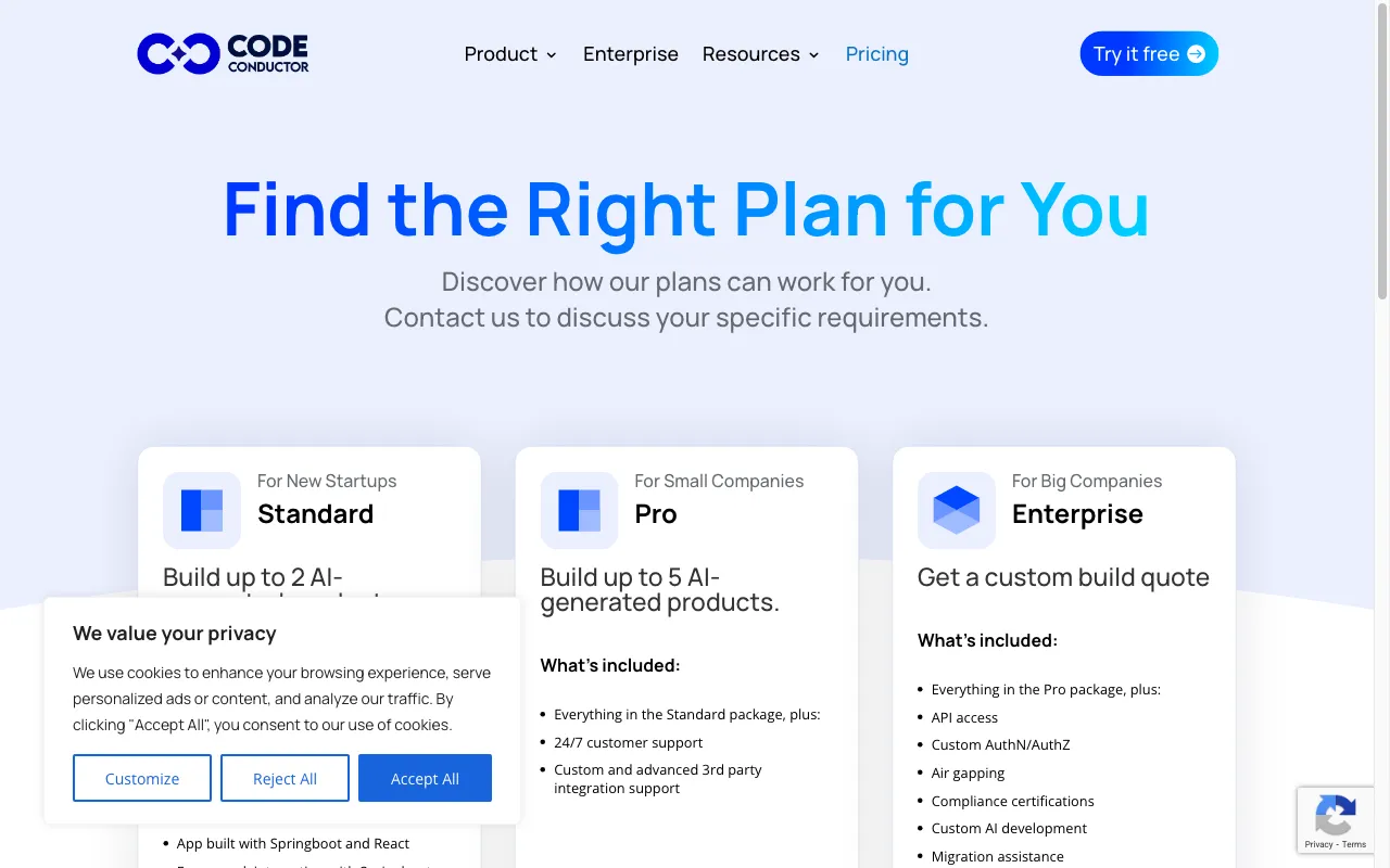 CodeConductor — pricing page