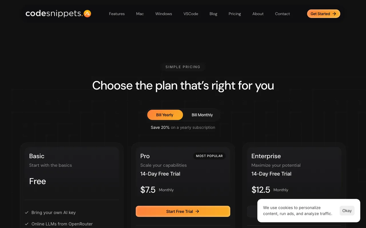 Code Snippets AI — pricing page