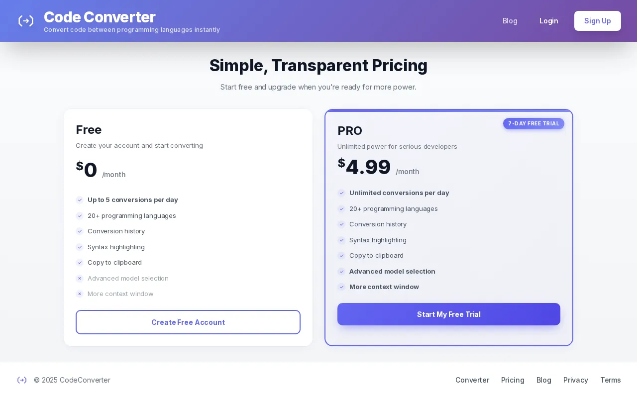 CodeConverter — pricing page