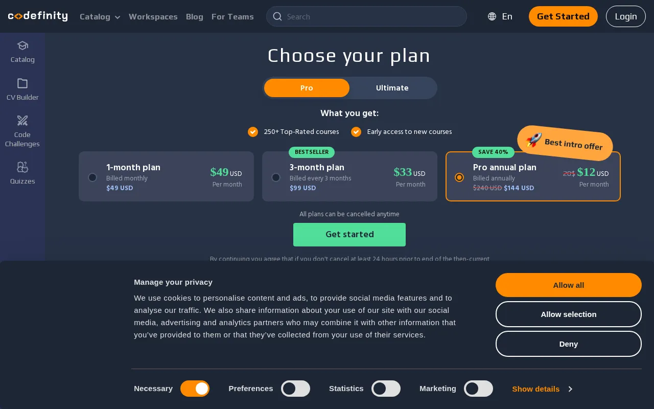 Codefinity — pricing page