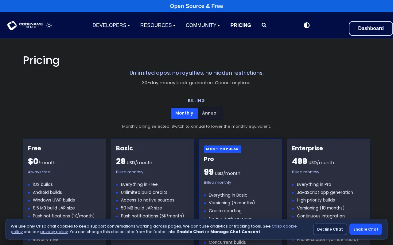 Codename One — pricing page