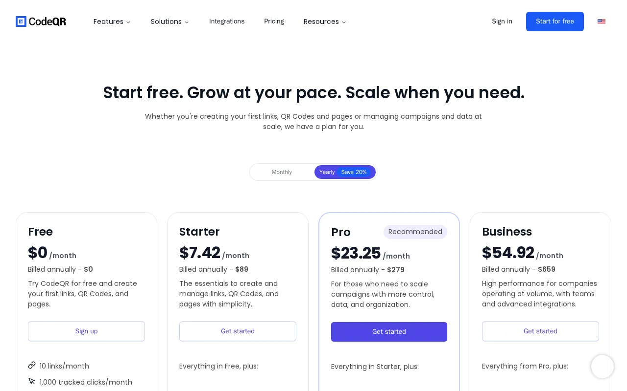 Codeqr — pricing page