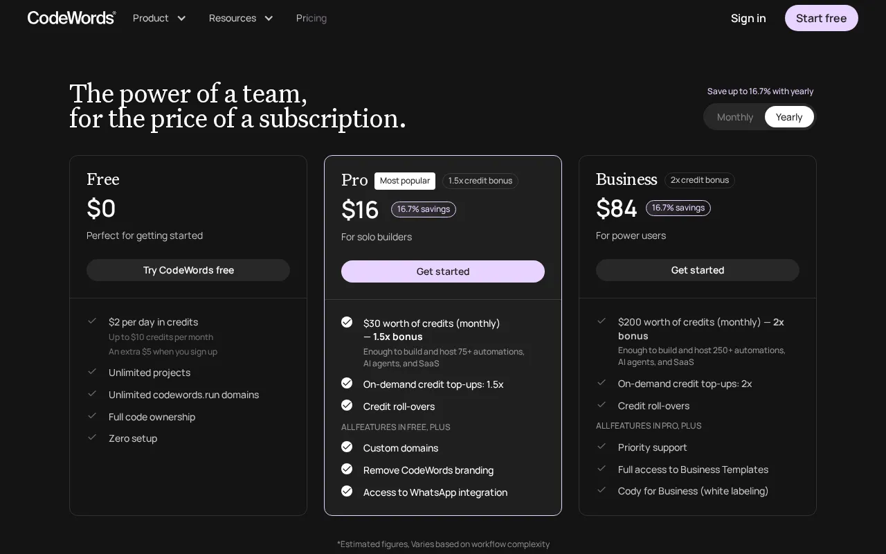Codewords — pricing page