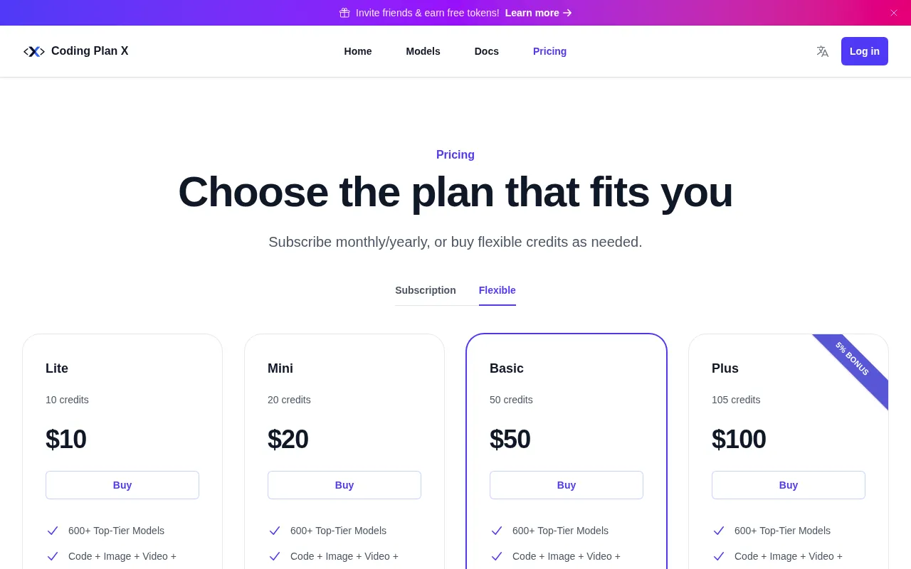 CodingPlanX AI — pricing page