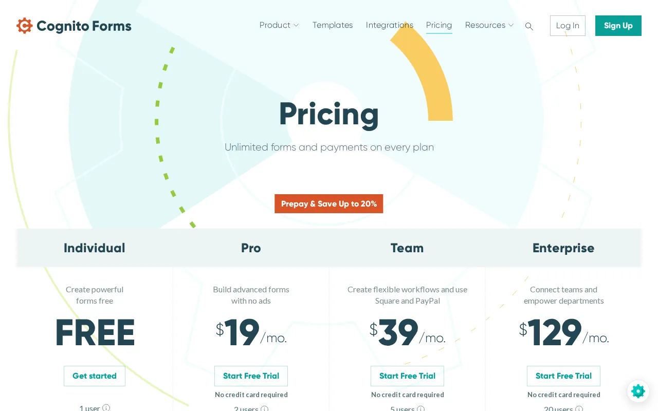 Cognito Forms — pricing page