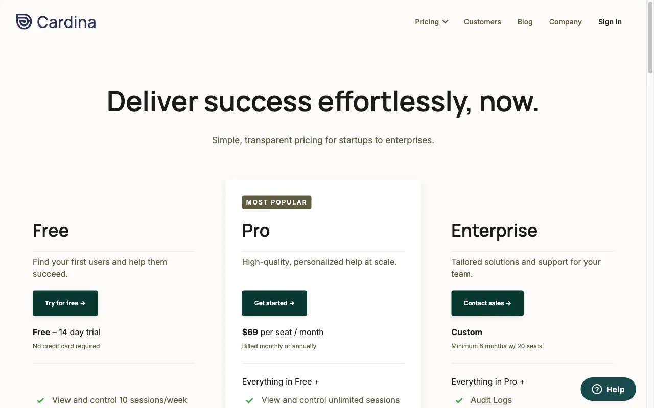 Cardina — pricing page
