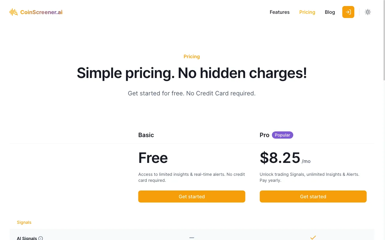 CoinScreener — pricing page