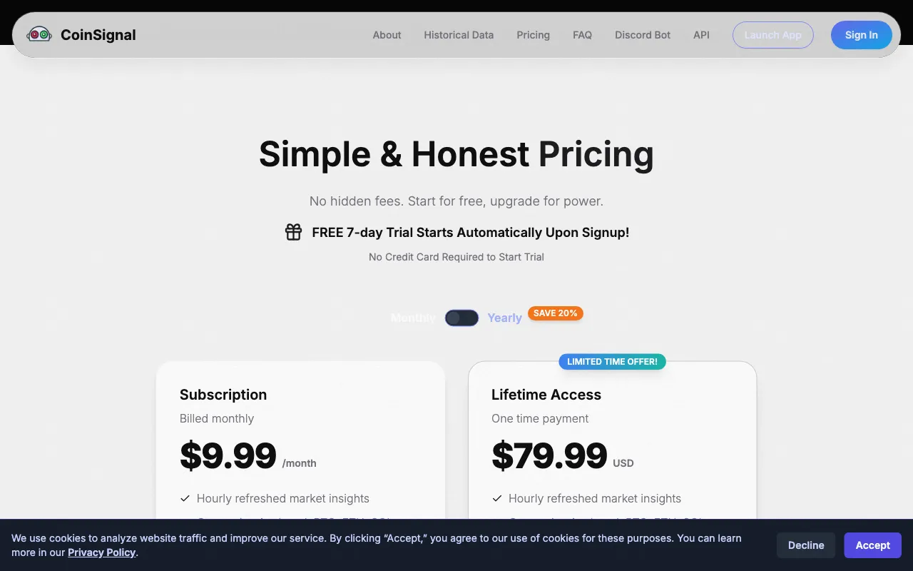 CoinSignal — pricing page