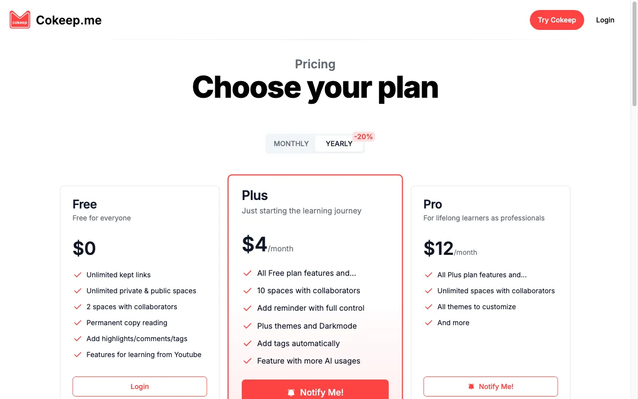 Cokeep — pricing page