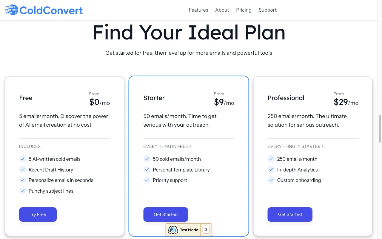 ColdConvert — pricing page