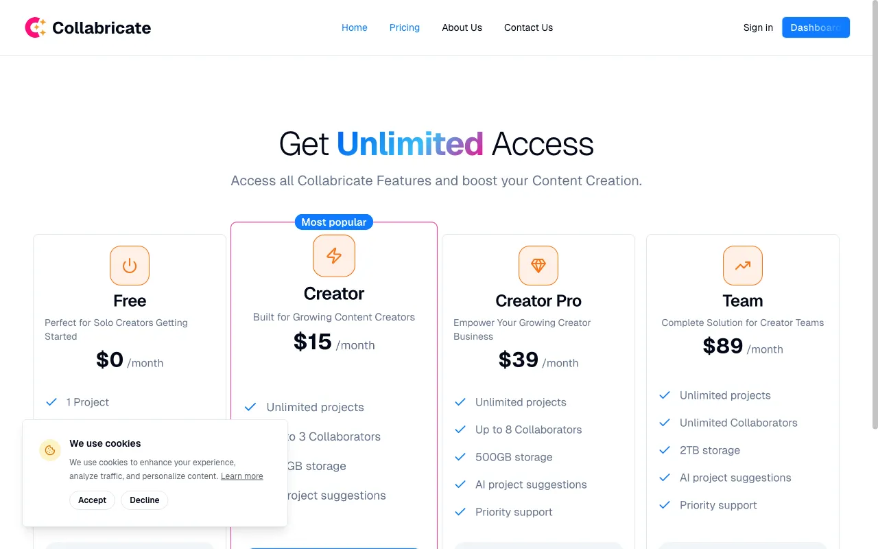 Collabricate — pricing page