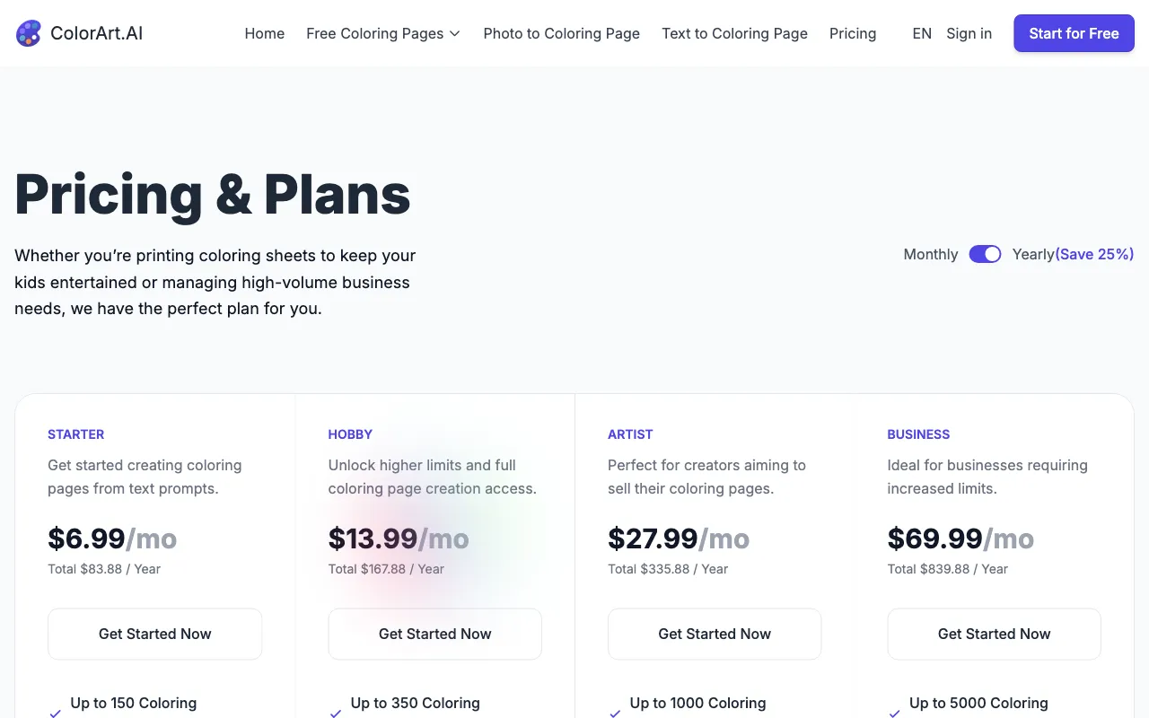 ColorArt — pricing page