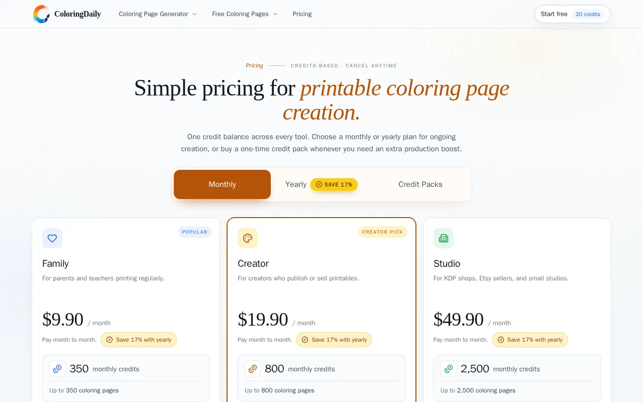 ColoringDaily — pricing page