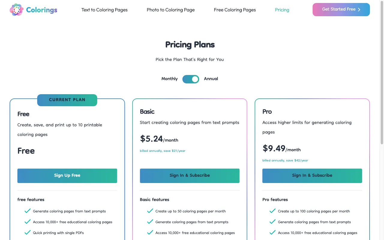 Colorings — pricing page