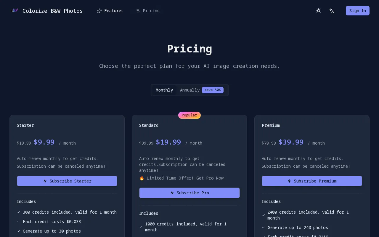 Colorize Black and White Photos — pricing page